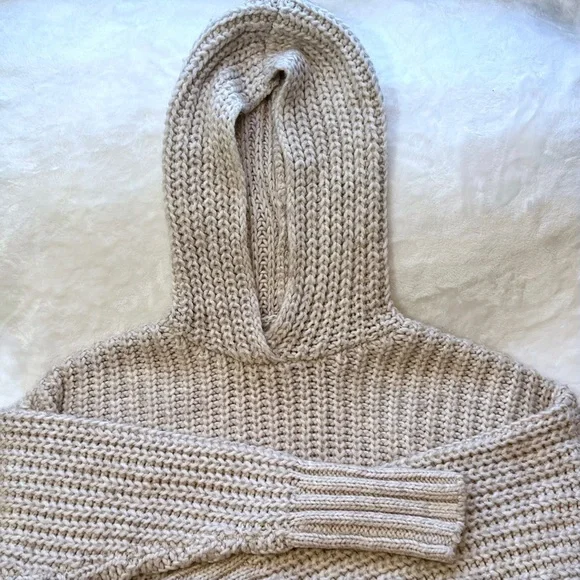 H&M Alpaca Wool Blend Chunky Knit Hooded Tunic Pullover Sweater Beige Medium - Picture 7 of 15